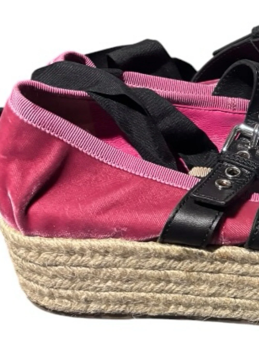 Miu Miu Pink Velvet Platform Double Buckle Espadrille Ballet Shoes